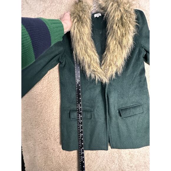 Tobi Wool Blend Blazer Faux Fur Collar Women Forest Green Tan Sz M Holiday Coat - Picture 11 of 14